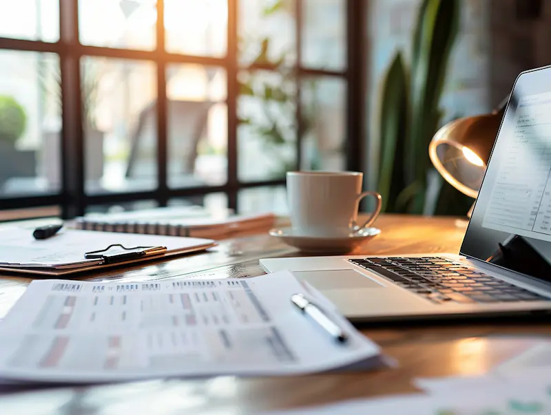 Bid writing workspace with tender documents and laptop