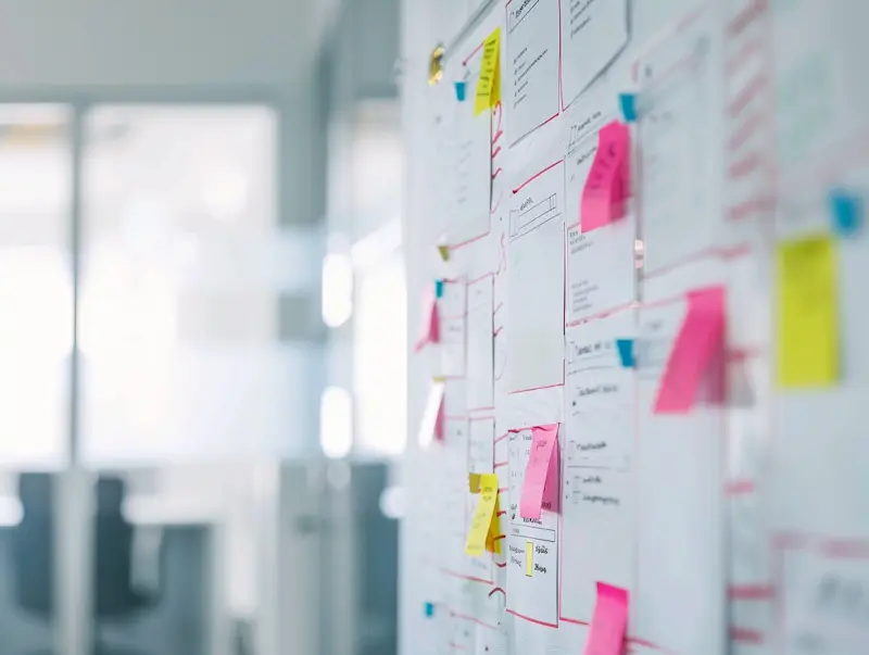 Project timeline whiteboard with deadline markers and planning notes